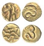 Shilaharas of Kolhapur. Gold Fanams (2), Garuda running right holding serpant in hand, rev