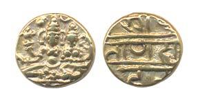 Harihara II. Gold ½ Pagoda, seated Siva and Parvati on an asana, rev Nagari legend Sri Pra