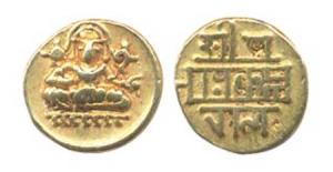 Krishnadevaraya (AD 1509-1529). Gold ½ Pagoda, seated Balakrishna flanked by conch shell a