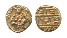 Nayakas of Chitradurga. Gold ½ Pagoda, seated Balakrishna flanked by conch shell and chakr