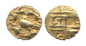 Achutaraya. Gold ½ Pagoda, two headed mythical bird holding four elephants walking left: g