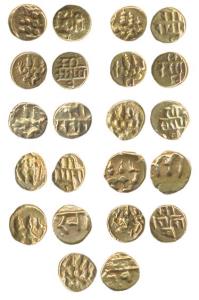 Sadashiva Raya (AD 1543-70). Gold Fanams (11), seated Vishnu and Lakshmi, rev Nagari legen