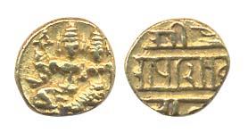 Ramadeva Raya (1670-30). Gold ½ Pagoda, seated Vishnu and Lakshmi, rev Nagari legend Sri P