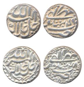 Akbar, Silver rupees (2), Sitpur mint, Ilahi 48 and Ilahi 49, month Mihr. (KM 94.4). Extre