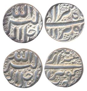Akbar, Silver rupees (2), Berar mint, Ilahi 4x, month Isfandarmuz and Ilahi 41 month Tir. 