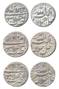 Akbar, Silver rupees (3), Lahore mint, Ilahi 43 and 45, month Amardad and Ilahi 46, month 