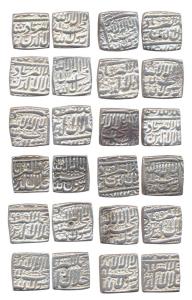 Akbar, Silver rupees (12), square flan, various mints, some coins mint off flan. (KM 82). 