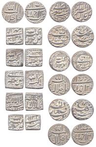 Akbar, Silver rupees (12), round and square flans. A selection of coinage struck at Ahmeda