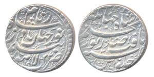 Jahangir with Empress Nur Jahan, Silver rupee, Lahore mint, AH 1034, regnal year 20. Poeti
