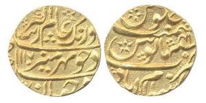 Aurangzeb, Gold Mohur, Islamabad mint, AH 1107, year 41 (KM 315.21). Mule of obverse die o