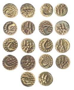 Haider Ali Gold Fanams (9), seated Shiva and Parvati, rev Persian letter He in granulated 