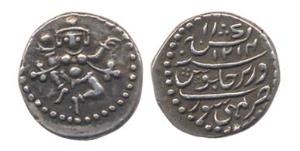 Krishna Raja Wodeyar (AD 1810-1868), Silver Pavali, dancing Chamundi, rev Persian legend, 
