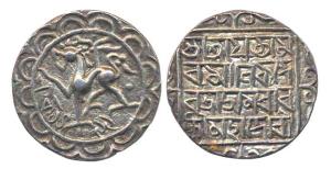 Amar Manikya (SE 1499-1508, AD 1577-1586). Silver rupee, with the name of Queen Amravati M