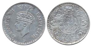 King George VI, Silver Rupee, Bombay mint, 1939, reeded edge, (KM 555, Y 57). Good Very Fi