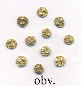 South Indian Fake Gold Fanams (11), Lion/ symbols, modern fakes. Very Fine.