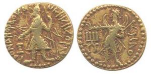 Kushanas, Kanishka I, Gold, Dinar, king standing facing left, sacrificing over altar, hold
