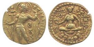 Guptas, Chandragupta II, Gold, Dinar, Archer type. Goddess Lakshmi seated on a lotus with 