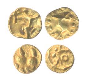 Gold (2), ¼ Fanam, Kadambas, lion type; Hoysalas, Garuda type. Very Fine, Scarce. (2)