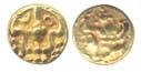 Shilaharas of Kolhapur, Gold, Fanam, a Garuda seated to right with raised hands on obv; a 