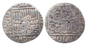 Akbar, Silver, Rupee, Kalima type with Square-area fields, mint name off flan, AH 968. Fin