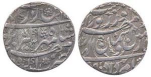Akbar, Silver, Rupee, Agra Mint, Ta Zameen-o-Aasman couplet type, Ilahi 50, Amardad Month 
