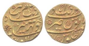 Aurangzeb, Gold, Mohur, Aurangabad Mint, AH 1085, mint name at top on rev. Extremely Fine.