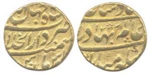 Shah Alam I, Gold, Mohur, Shahjahanabad Mint, mint name at top on rev (KM 356.12). About V