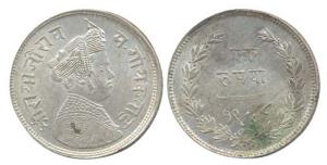 Sayaji Rao III, Silver, Rupee, Broad flan type, VS 1949. About Extremely Fine, Scarce.