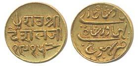 Deshalji II, Gold, 25 Kori or Gold Kori, with the name of Bahadur Shah II, VS 1915, Bhuj M