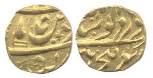 Hira Singh, Gold, Mohur, in the name of Guru Gobind Singh, a branch and a katar as mint ma