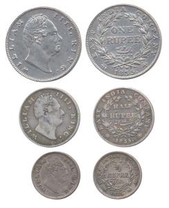 William IV, Silver (3), Set of 3: Rupee, ½ and ¼ Rupee, 1835, without initials and F incus