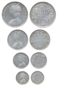Victoria Queen, Silver (4), Set of 4: Rupee, ½ and ¼ Rupee, and 2 Annas, 1862. Very Fine+ 