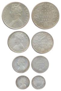 Victoria Empress, Silver (4), Set of 4: Rupee, ½ and ¼ Rupee, and 2 Annas, various dates. 