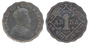 Edward VII, Nickel, 1 Anna, Pattern, 1905, edge with 16 Scallops (KM Pn 51; Prid# 1067). P