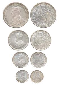 George V, Silver (4), Set of 4: Rupee, ½ & ¼ Rupee and 2 Annas. About Extremely Fine. (4)