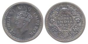 George VI, Silver, Rupee, 1945, Bombay Mint, Straight milling. Proof, Extremely rare.