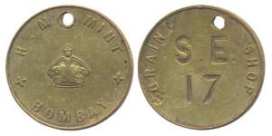 Mint Grain Token, Brass, Bombay mint Token of Grain Shop; engraved on rev, S.E. / 17. With