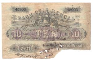 Bank of Bengal, Rupees 10, Type 10, Calcutta, hand signed, dated 31st August 1857. Serial 