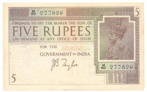 George V, Rupees 5, 1st issue, 1925, signed J. B. Taylor, printed in England, (Jhun# 4.2).