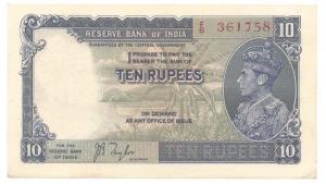 George VI, Rupees 10, 1st issue, 1938, signed J. B. Taylor, (Jhun #5.1). Extremely Fine.