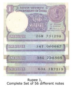Rupee 1, Complete Set of 56 different notes with different dates and signatures (Jhun #1.1