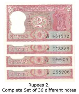 Rupees 2, Complete Set of 36 different notes with different dates and signatures (Jhun #2.