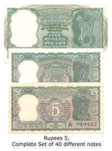 Rupees 5, Complete Set of 40 different notes with different dates and signatures, (Jhun #3
