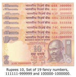 Rupees 10, Set of 19 fancy numbers, 111111-999999 and 100000-1000000. Uncirculated.