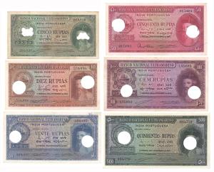 A complete set of 5, 10, 20, 50, 100 and 500 Rupias, 1945, Banco Nacional Ultramarino, (Jh