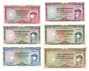 A complete set of 30, 60, 100, 300, 600 and 1000 Escudos, 1959, Banco Nacional Ultramarino