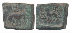 Taxila, Copper, (2nd century BC) 13g, elephant on right on obv, and lion on left on rev. U