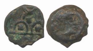Ujjain, Vijayamita, Bell metal, ½ unit 5.38g, Greek profile portrait on obv, three arched 