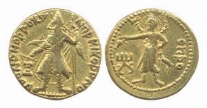 Kushanas, Kanishka I, Gold Dinar, 7.61g, Obv: King standing facing left. Rev: Siva ( Oesho