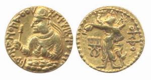 Kushanas, Huvishka, Gold Dinar, 7.96g. Obv: Bust of king facing left. Rev: Four armed Siva